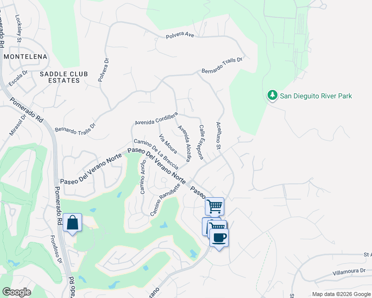 map of restaurants, bars, coffee shops, grocery stores, and more near 17942 Avenida Alozdra in San Diego