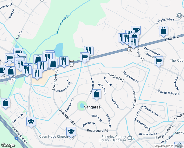 map of restaurants, bars, coffee shops, grocery stores, and more near 205 Longstreet Street in Summerville
