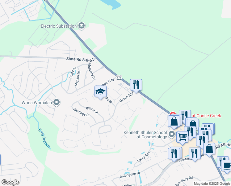 map of restaurants, bars, coffee shops, grocery stores, and more near 1601 Snow Goose Circle in Goose Creek