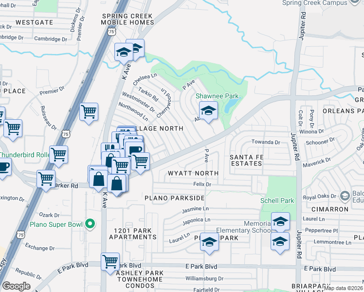 map of restaurants, bars, coffee shops, grocery stores, and more near 3308 Tarkio Road in Plano