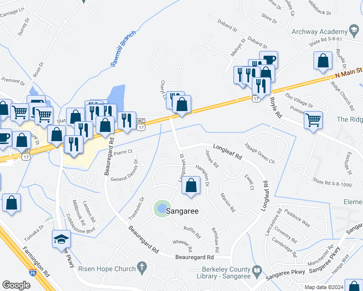 map of restaurants, bars, coffee shops, grocery stores, and more near 209 Longstreet Street in Summerville
