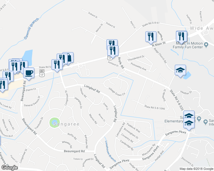 map of restaurants, bars, coffee shops, grocery stores, and more near 203 Village Green Circle in Summerville