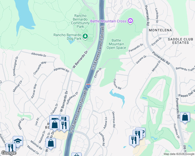 map of restaurants, bars, coffee shops, grocery stores, and more near 18153 Chretien Court in San Diego