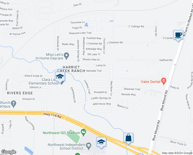 map of restaurants, bars, coffee shops, grocery stores, and more near 1916 Riverchase Lane in Justin