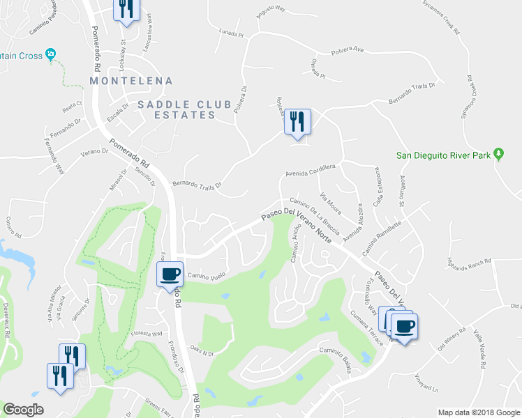 map of restaurants, bars, coffee shops, grocery stores, and more near 12728 Camino De La Breccia in San Diego