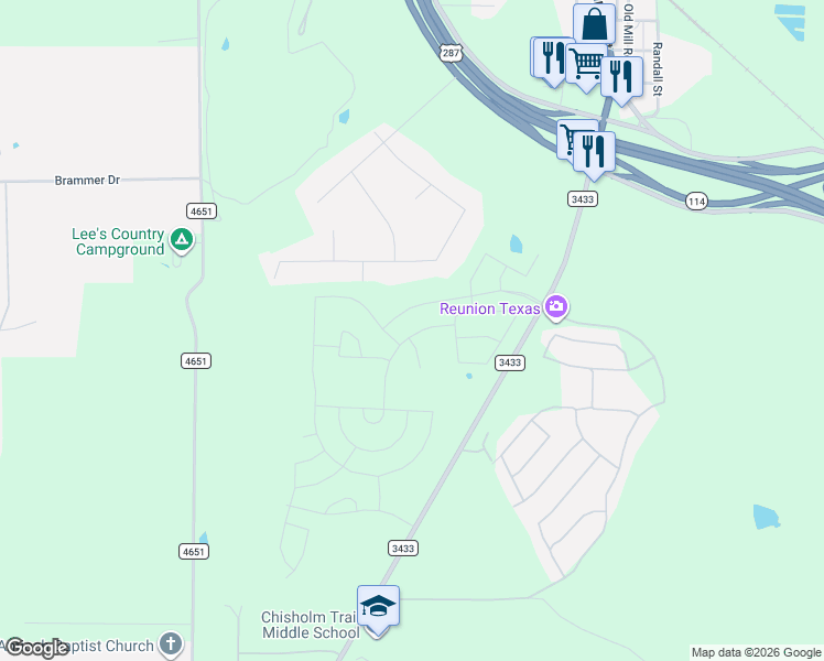 map of restaurants, bars, coffee shops, grocery stores, and more near 1112 Mount Lane in Rhome