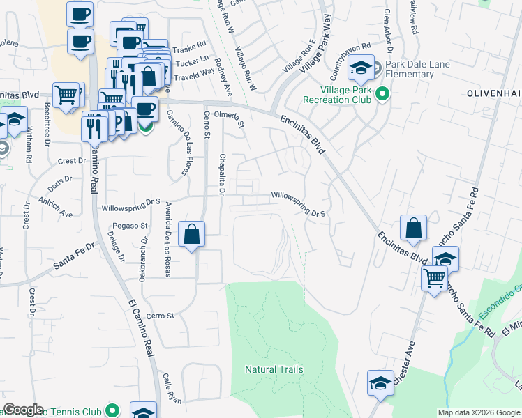 map of restaurants, bars, coffee shops, grocery stores, and more near 331 Volney Lane in Encinitas
