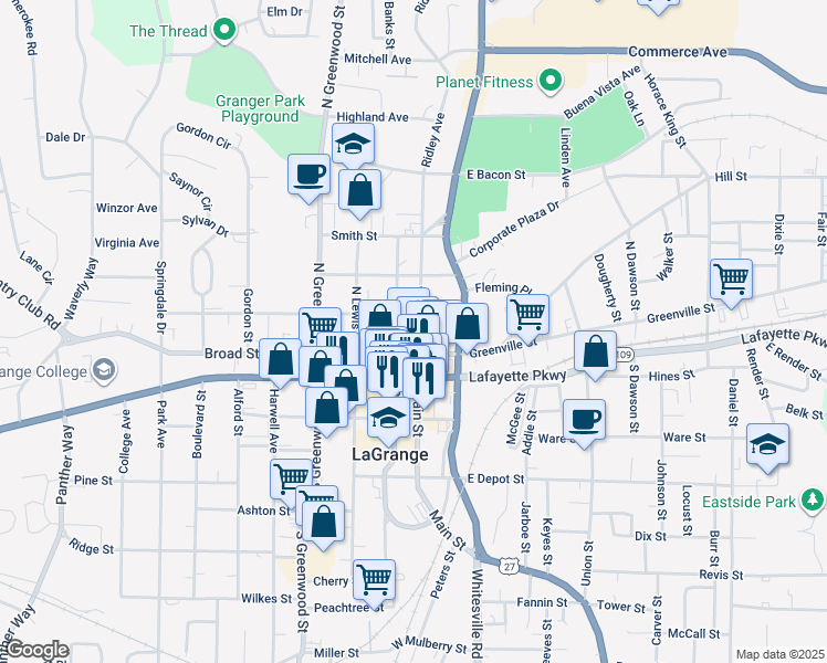 map of restaurants, bars, coffee shops, grocery stores, and more near 118 Church Street in LaGrange