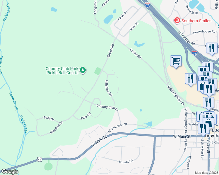 map of restaurants, bars, coffee shops, grocery stores, and more near 101 Hillsdale Road in Forsyth