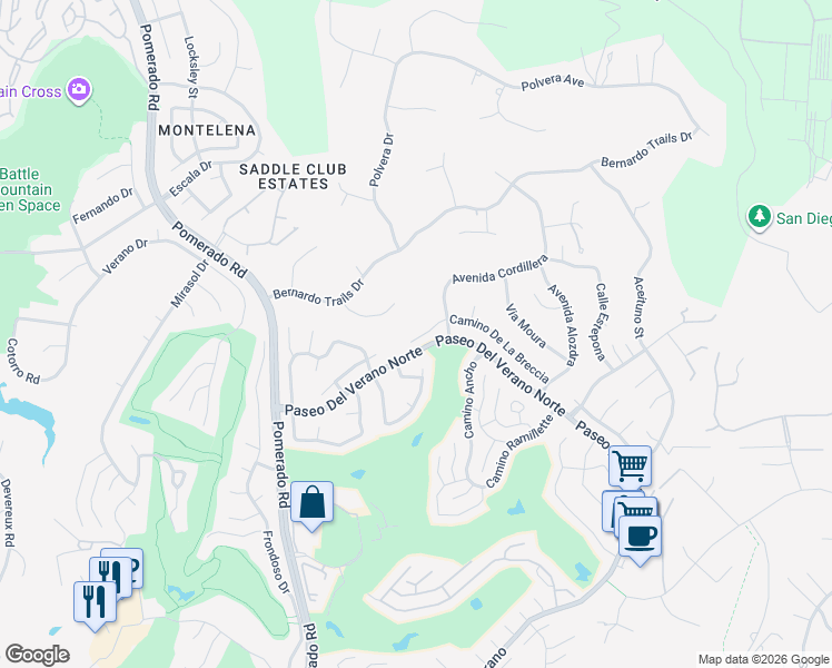 map of restaurants, bars, coffee shops, grocery stores, and more near 12728 Camino De La Breccia in San Diego