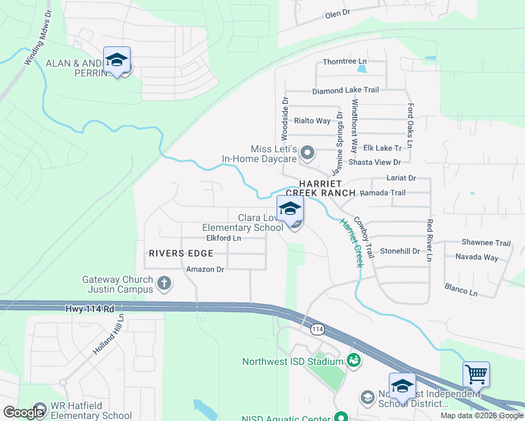 map of restaurants, bars, coffee shops, grocery stores, and more near 16301 Elementarty Drive in Justin