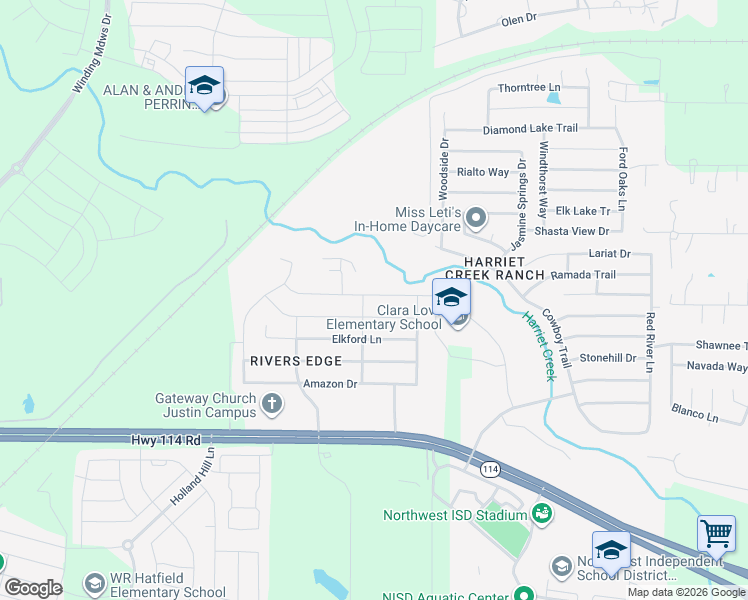 map of restaurants, bars, coffee shops, grocery stores, and more near 1409 Elkford Lane in Justin