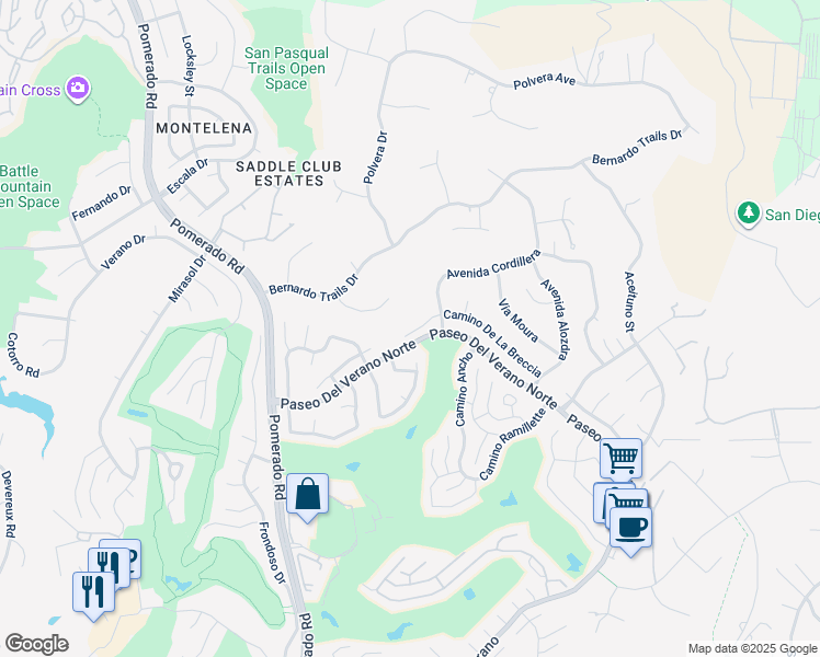 map of restaurants, bars, coffee shops, grocery stores, and more near 12728 Camino De La Breccia in San Diego