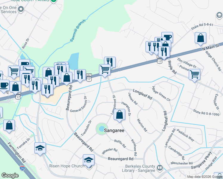 map of restaurants, bars, coffee shops, grocery stores, and more near 205 Longstreet Street in Summerville