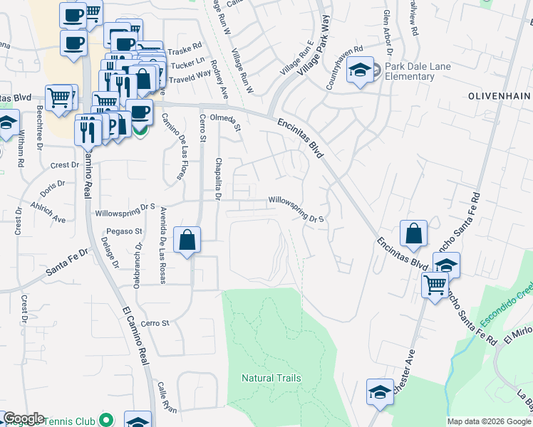 map of restaurants, bars, coffee shops, grocery stores, and more near 319 Volney Lane in Encinitas