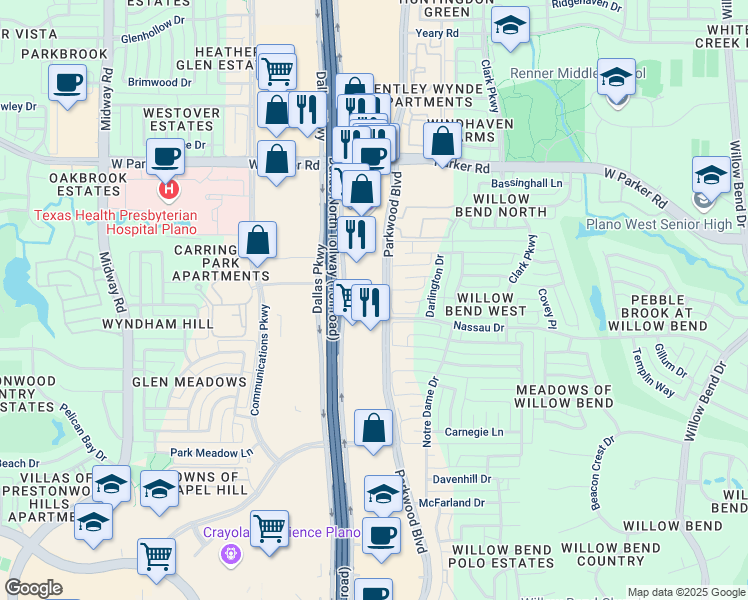 map of restaurants, bars, coffee shops, grocery stores, and more near 2845 Parkwood Boulevard in Plano