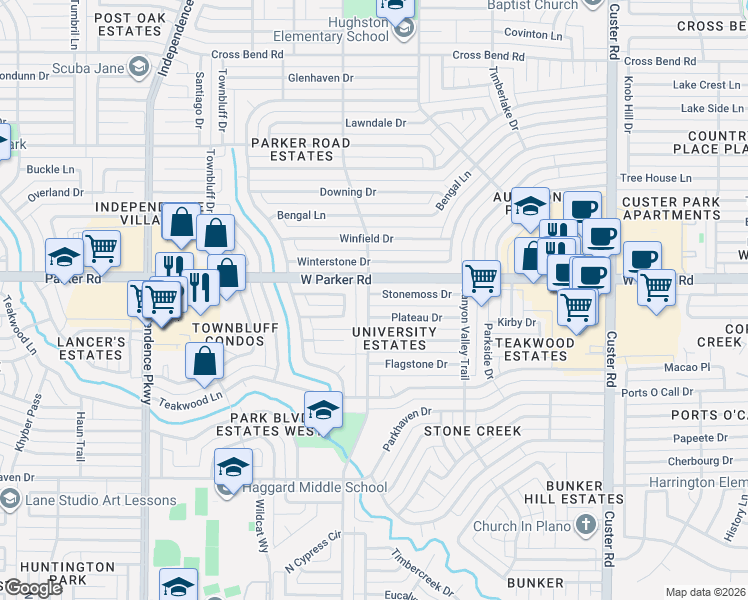 map of restaurants, bars, coffee shops, grocery stores, and more near 3201 Roundrock Trail in Plano