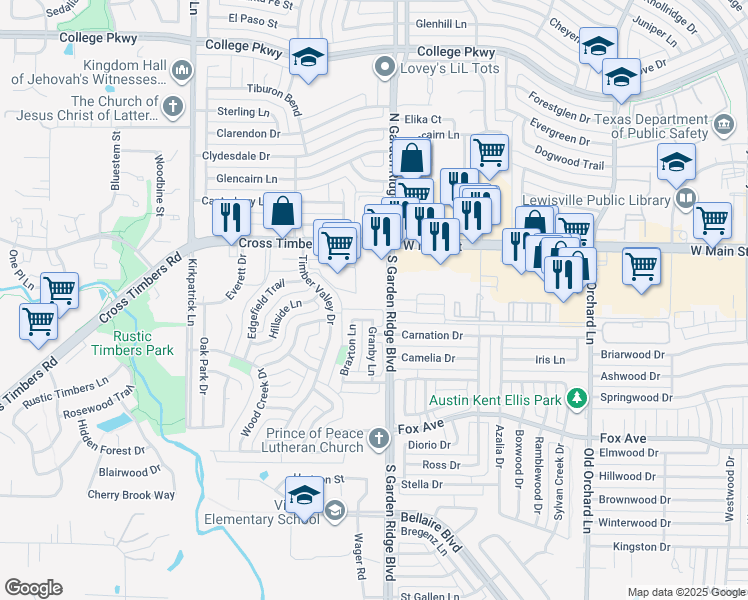 map of restaurants, bars, coffee shops, grocery stores, and more near 601 Cross Timbers Road in Flower Mound