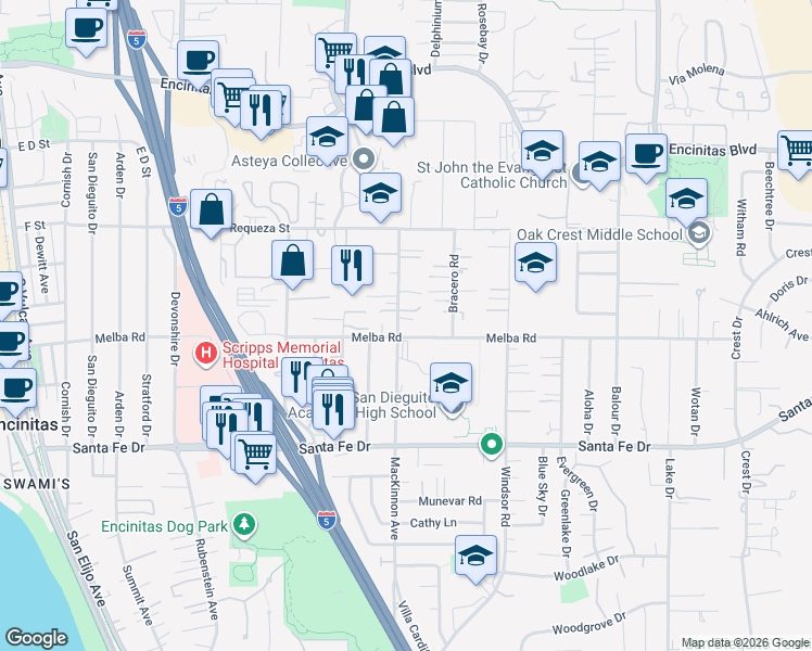 map of restaurants, bars, coffee shops, grocery stores, and more near 690 Corona Way in Encinitas