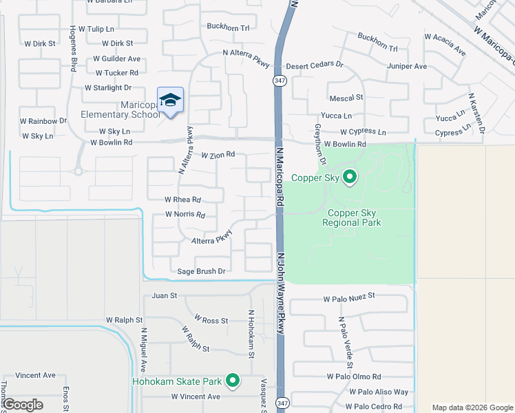 map of restaurants, bars, coffee shops, grocery stores, and more near 44879 West Rhea Road in Maricopa