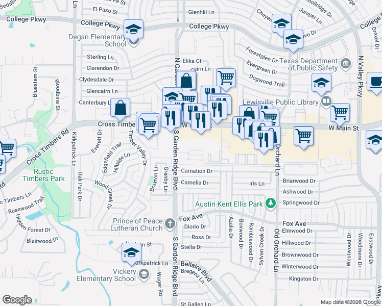 map of restaurants, bars, coffee shops, grocery stores, and more near 415 South Garden Ridge Boulevard in Lewisville
