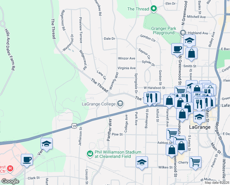 map of restaurants, bars, coffee shops, grocery stores, and more near 620 Broad Street in LaGrange