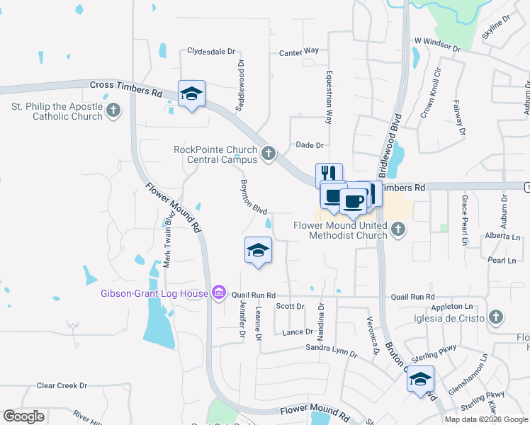 map of restaurants, bars, coffee shops, grocery stores, and more near 3808 Boynton Boulevard in Flower Mound