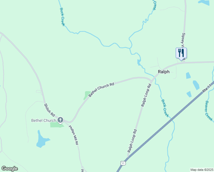 map of restaurants, bars, coffee shops, grocery stores, and more near 17422 Bethel Church Road in Ralph
