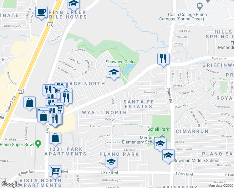 map of restaurants, bars, coffee shops, grocery stores, and more near in Plano