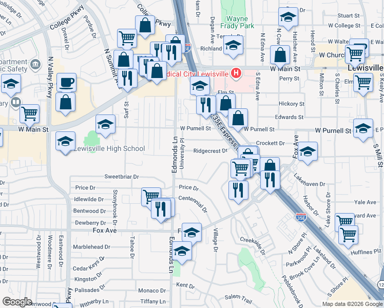 map of restaurants, bars, coffee shops, grocery stores, and more near 630 Ridgecrest Drive in Lewisville
