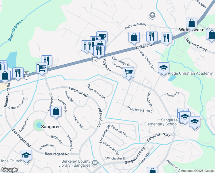 map of restaurants, bars, coffee shops, grocery stores, and more near 103 Salem Court in Summerville