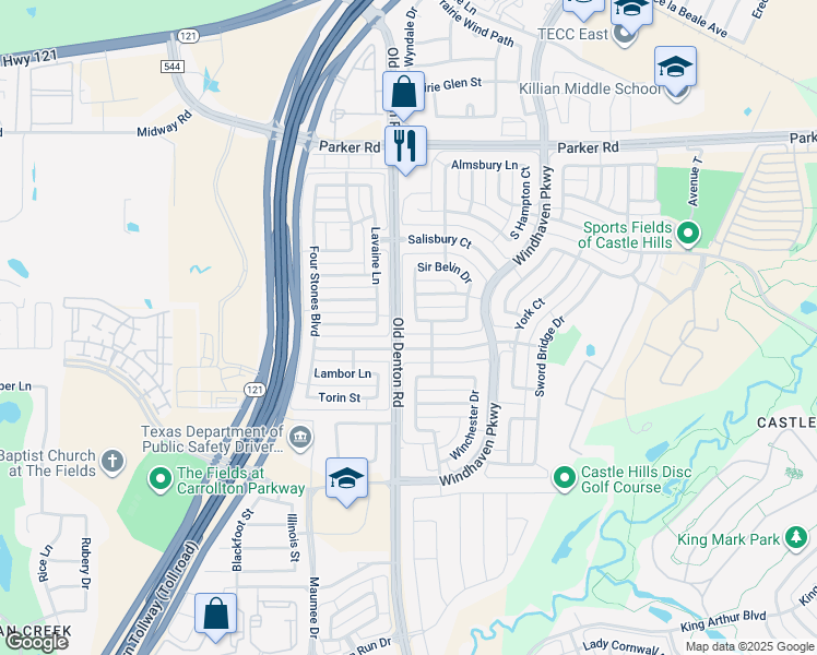 map of restaurants, bars, coffee shops, grocery stores, and more near 636 King Lionel Lane in Lewisville
