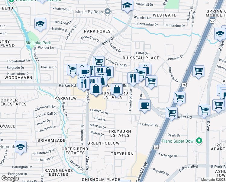 map of restaurants, bars, coffee shops, grocery stores, and more near 836 Pimernel Lane in Plano