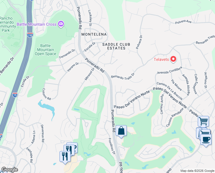 map of restaurants, bars, coffee shops, grocery stores, and more near 18089 Sencillo Drive in San Diego