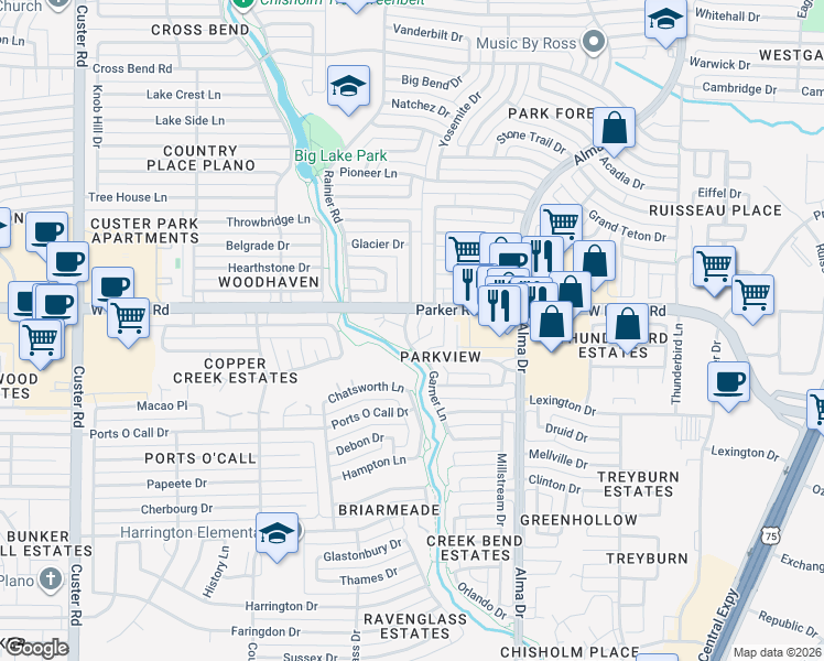 map of restaurants, bars, coffee shops, grocery stores, and more near 1309 Ursula Court in Plano