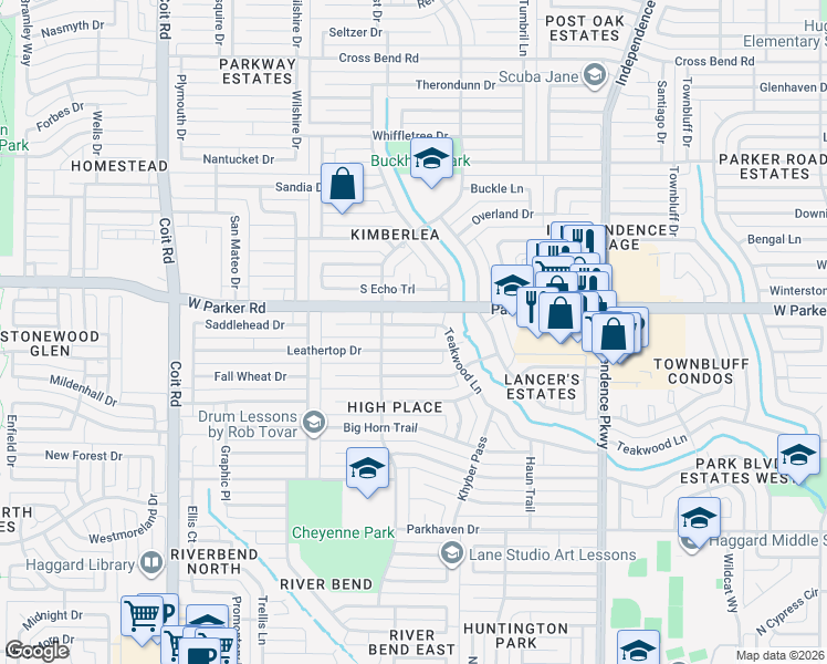 map of restaurants, bars, coffee shops, grocery stores, and more near 3564 Teakwood Lane in Plano