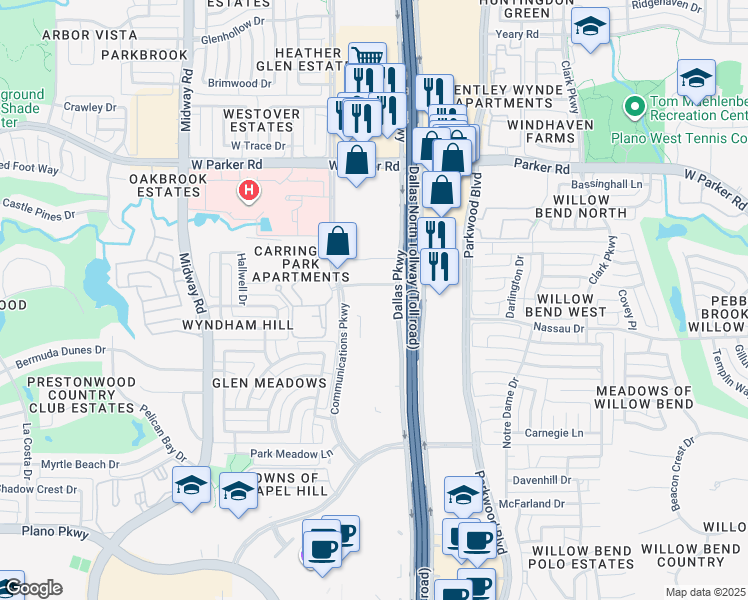 map of restaurants, bars, coffee shops, grocery stores, and more near 2901 Dallas Parkway in Plano