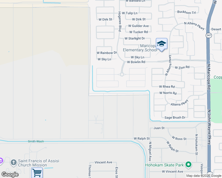 map of restaurants, bars, coffee shops, grocery stores, and more near 45995 Ranch Road in Maricopa