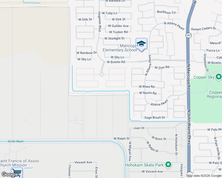 map of restaurants, bars, coffee shops, grocery stores, and more near 45717 Ranch Road in Maricopa