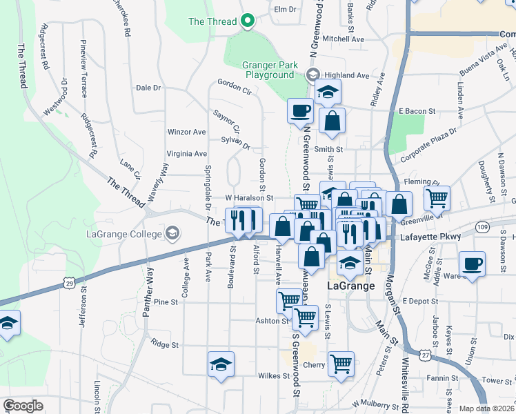 map of restaurants, bars, coffee shops, grocery stores, and more near 109 Gordon Street in LaGrange