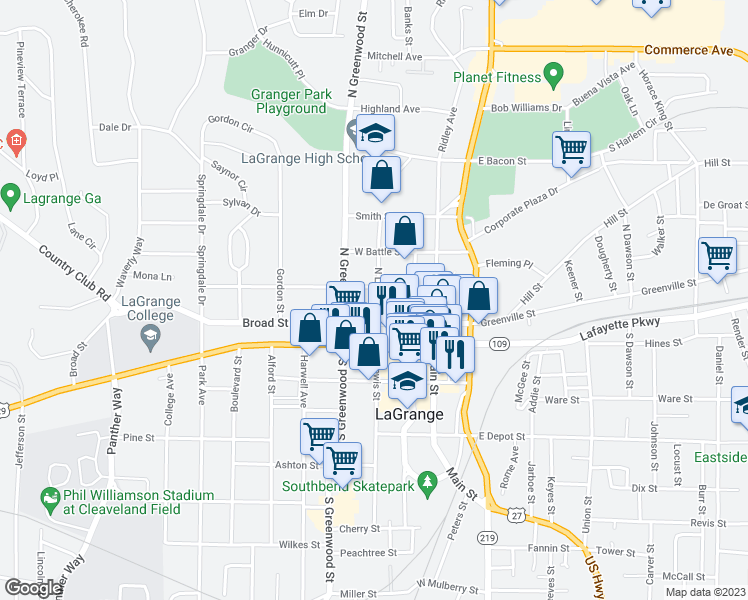 map of restaurants, bars, coffee shops, grocery stores, and more near 107 North Lewis Street in LaGrange