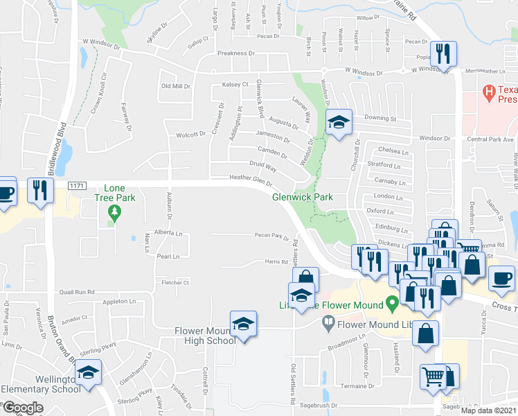 map of restaurants, bars, coffee shops, grocery stores, and more near 3409 Cross Timbers Road in Flower Mound