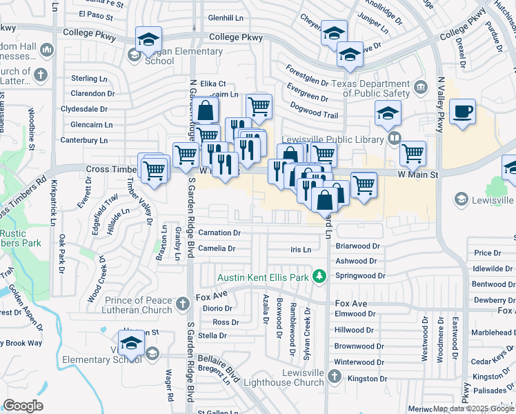 map of restaurants, bars, coffee shops, grocery stores, and more near 1420 West Main Street in Lewisville