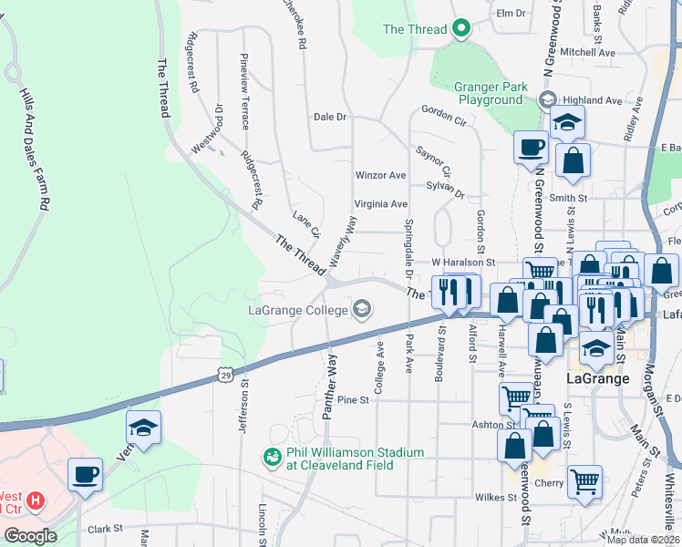 map of restaurants, bars, coffee shops, grocery stores, and more near 620 Broad Street in LaGrange