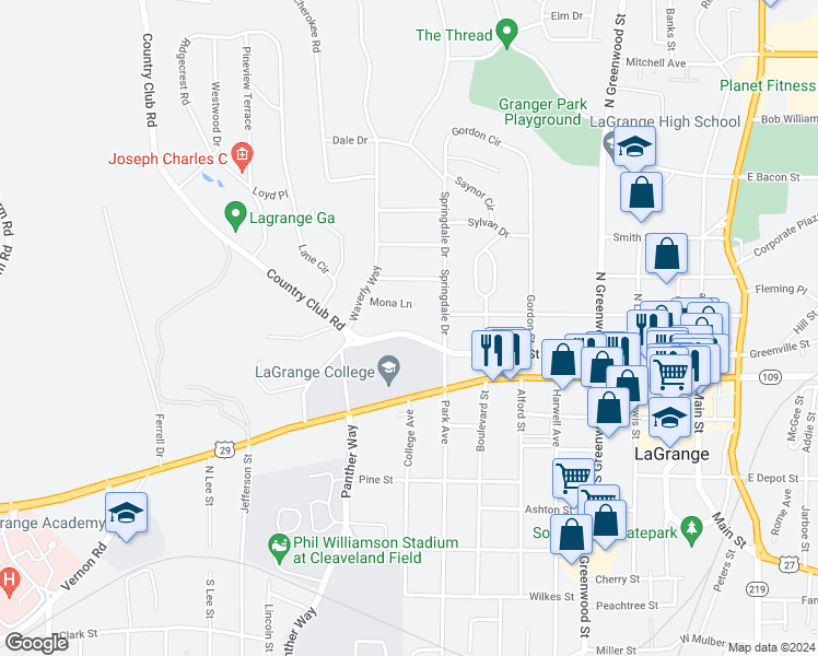 map of restaurants, bars, coffee shops, grocery stores, and more near 608 Broad Street in LaGrange