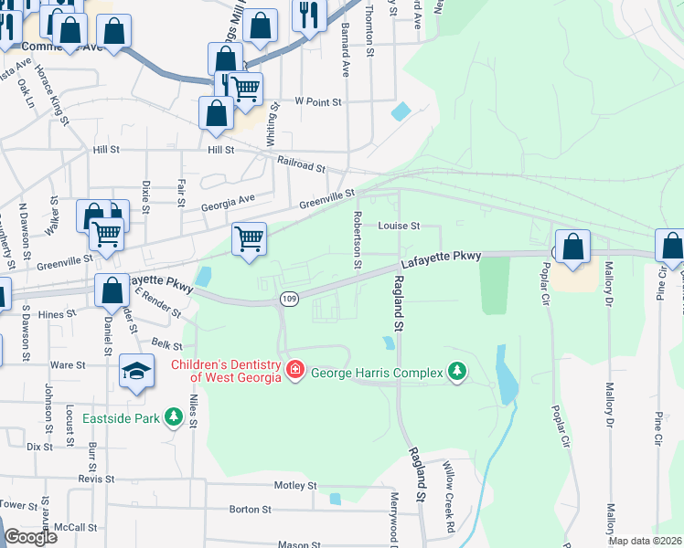 map of restaurants, bars, coffee shops, grocery stores, and more near Lafayette Parkway in LaGrange