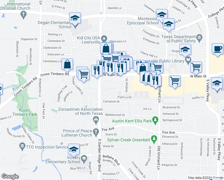 map of restaurants, bars, coffee shops, grocery stores, and more near 1512 Park Lane Drive in Lewisville