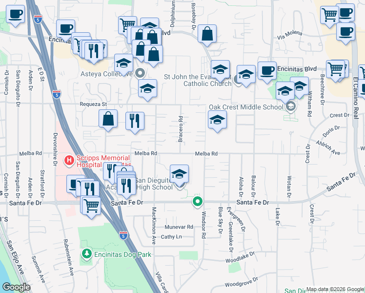 map of restaurants, bars, coffee shops, grocery stores, and more near 943-45 Bracero Road in Encinitas