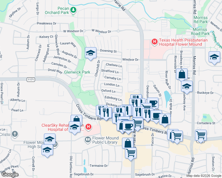 map of restaurants, bars, coffee shops, grocery stores, and more near 2828 Oxford Lane in Flower Mound