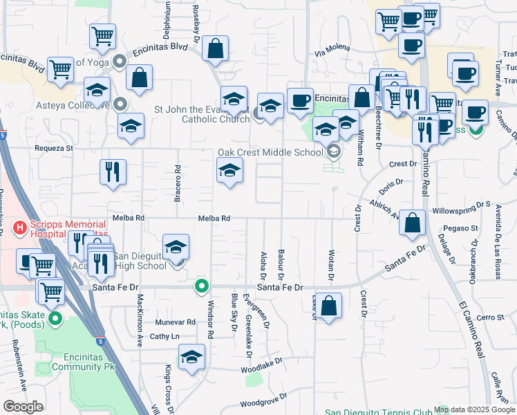map of restaurants, bars, coffee shops, grocery stores, and more near 1029 Guadalajara Drive in Encinitas